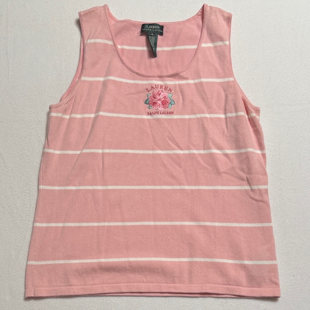 Ralph Lauren Vintage Pink & White Striped Floral Embroidered Sweater Tank XL